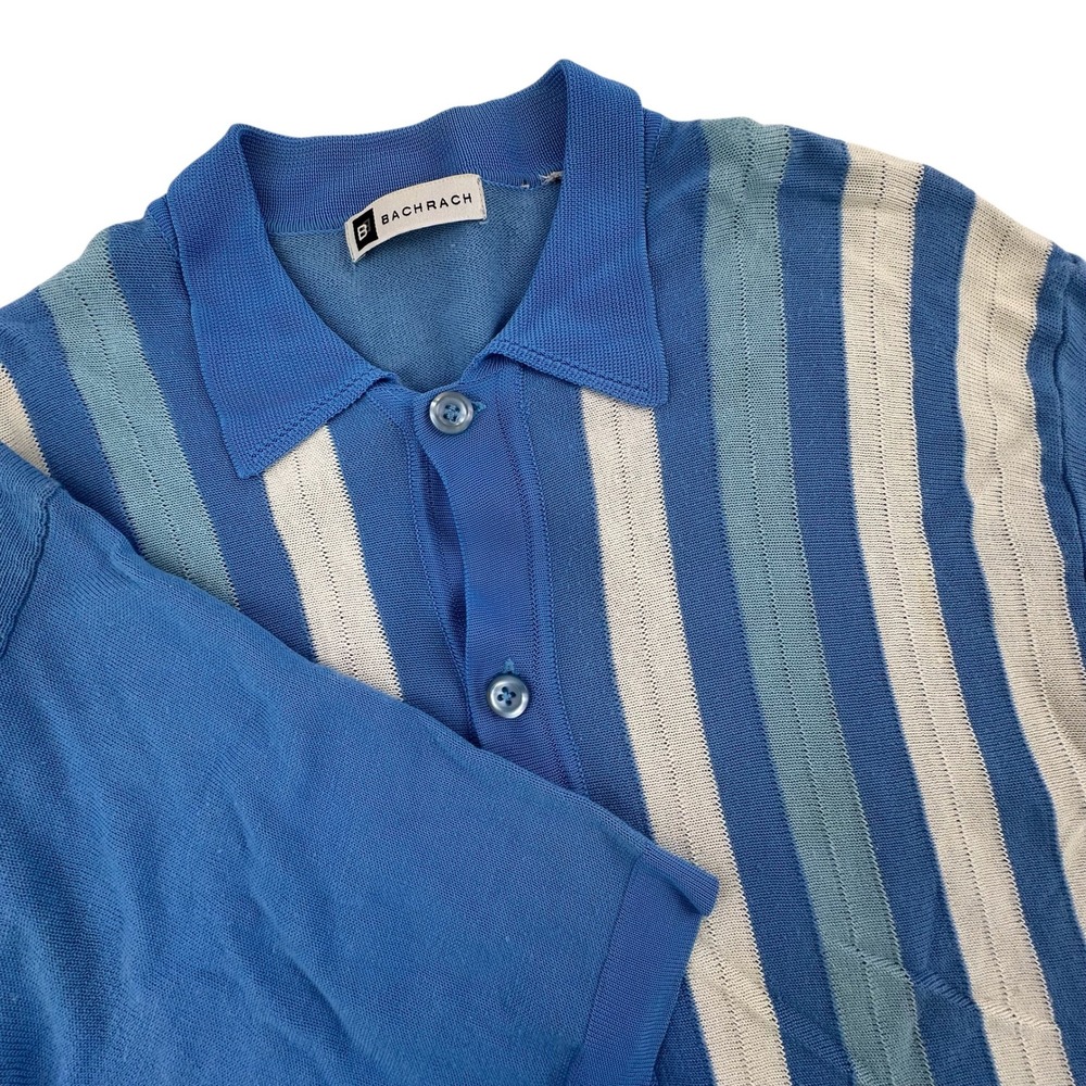 Bachrach Mens L Knit Button Up Shirt Blue Striped Short‎ Sleeve Vintage Style